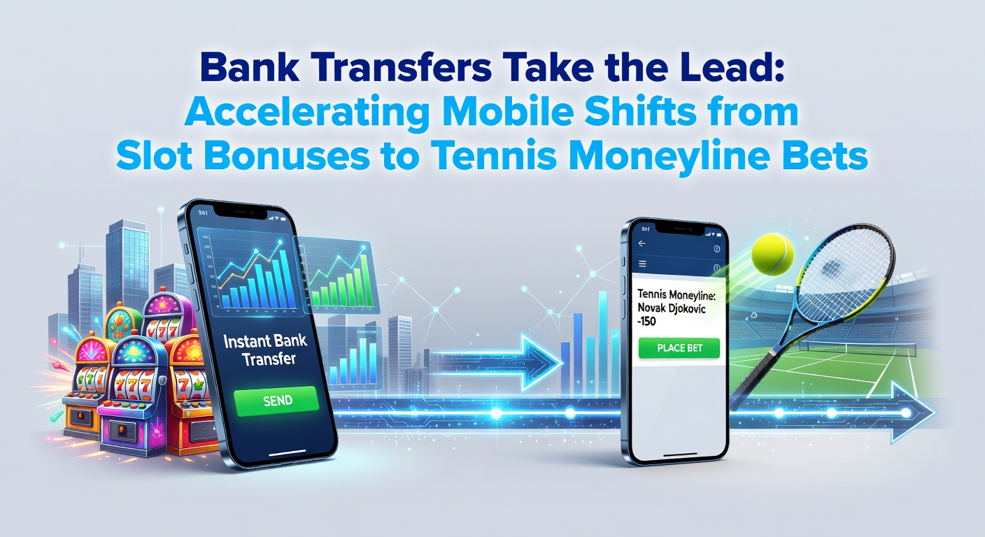 Smartphone mit Banküberweisungs-App und Tennis-Wettoptionen im Vordergrund, umgeben von Slot-Symbolen und Geldtransfers