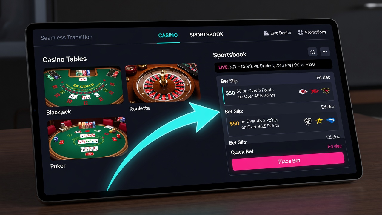 Detailansicht einer mobilen Benutzeroberfläche mit konsistenten Design-Elementen beim Wechsel von Live-Dealer-Spielen zu In-Play-Wetten