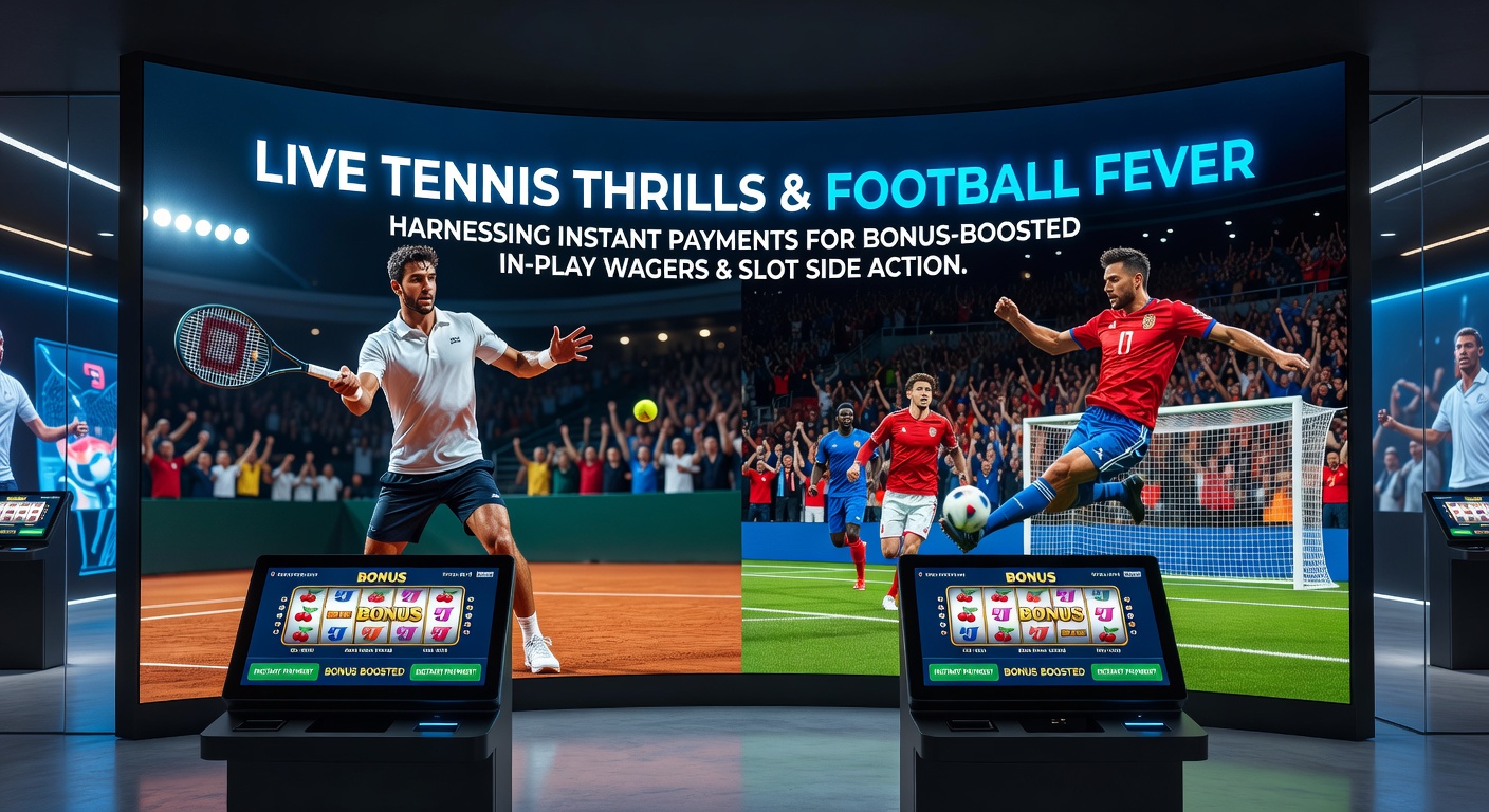 Ein dynamisches Bild von einem Tennis-Match und einem Fußballspiel, das die Intensität von Live-Wetten mit Slots im Hintergrund einfängt