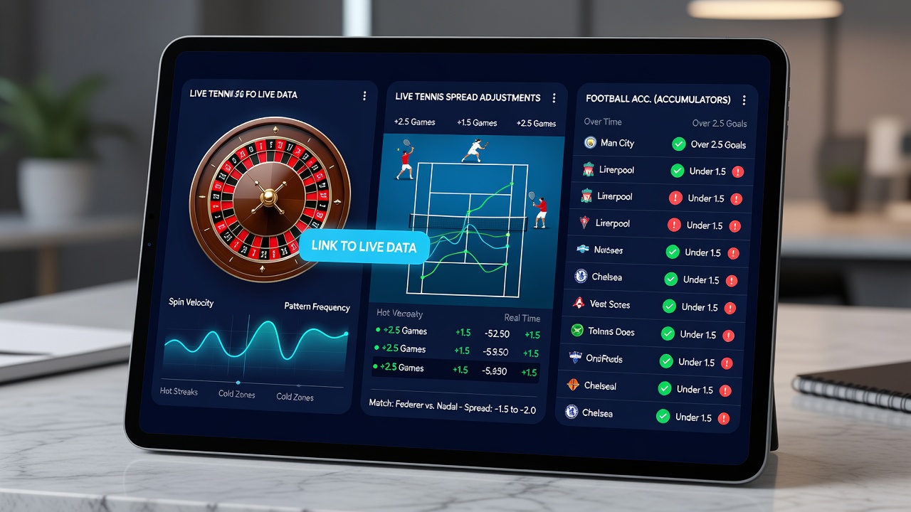 Detailansicht einer App mit synchronisierten Roulette-Mustern, Tennis-Spreads und Akkumulator-Optionen