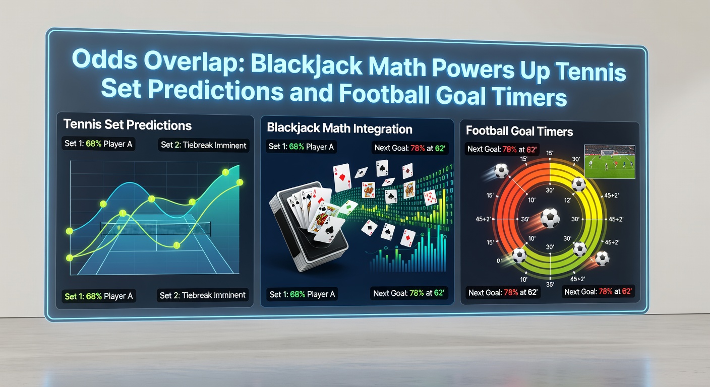 Grafik zeigt mathematische Modelle, die Blackjack-Wahrscheinlichkeiten mit Tennis-Sets und Fußball-Toren verbinden, inklusive Diagramme zu Odds und Verteilungen