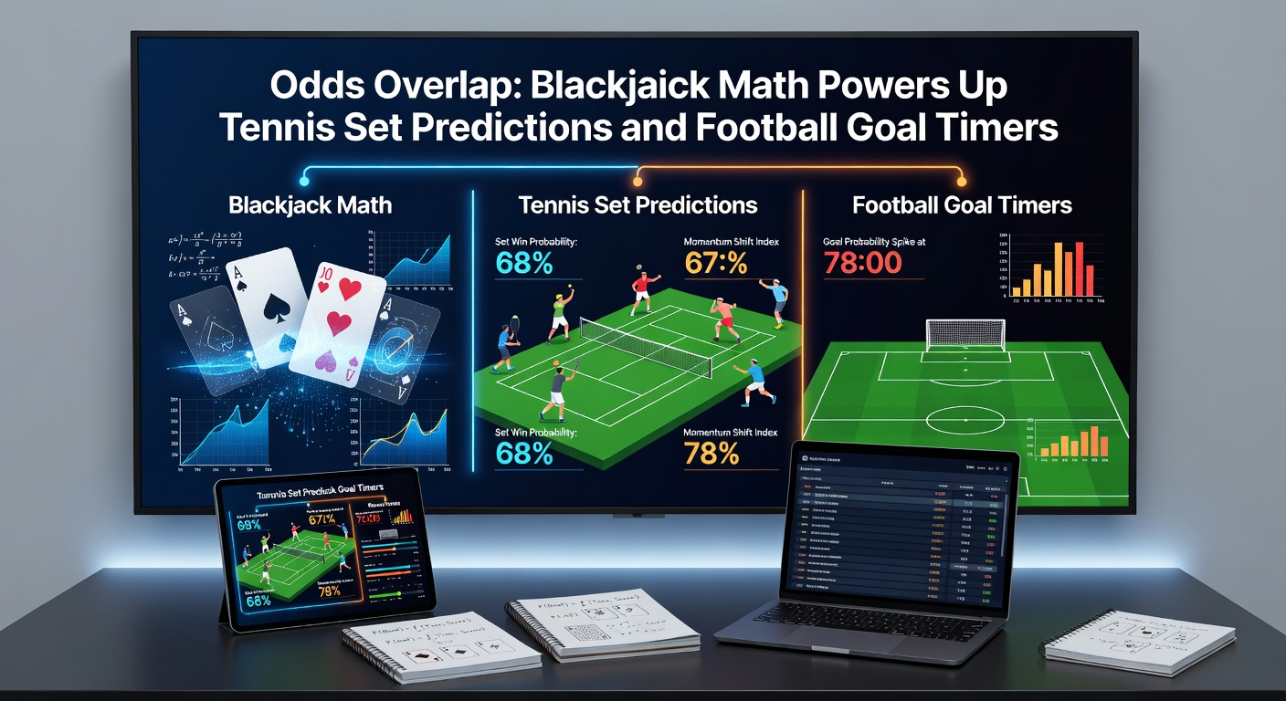 Detaillierte Visualisierung von Poisson-Verteilungen für Fußballtore, überlagert mit Blackjack-Odds-Tabellen und Tennis-Set-Pfaden