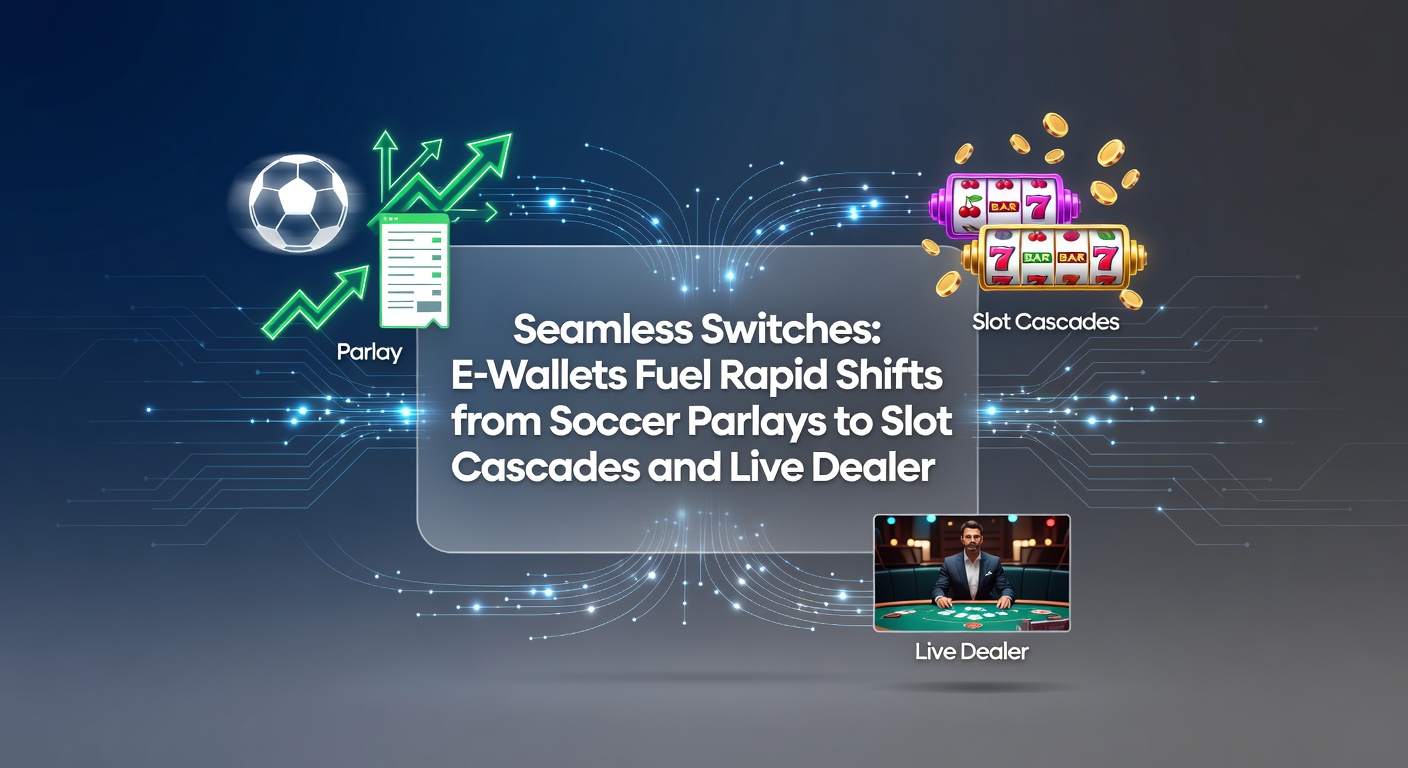 Live-Dealer-Tisch mit Roulette, umgeben von E-Wallet-Icons und Sportwetten-Screenshots, symbolisiert den schnellen Wechsel