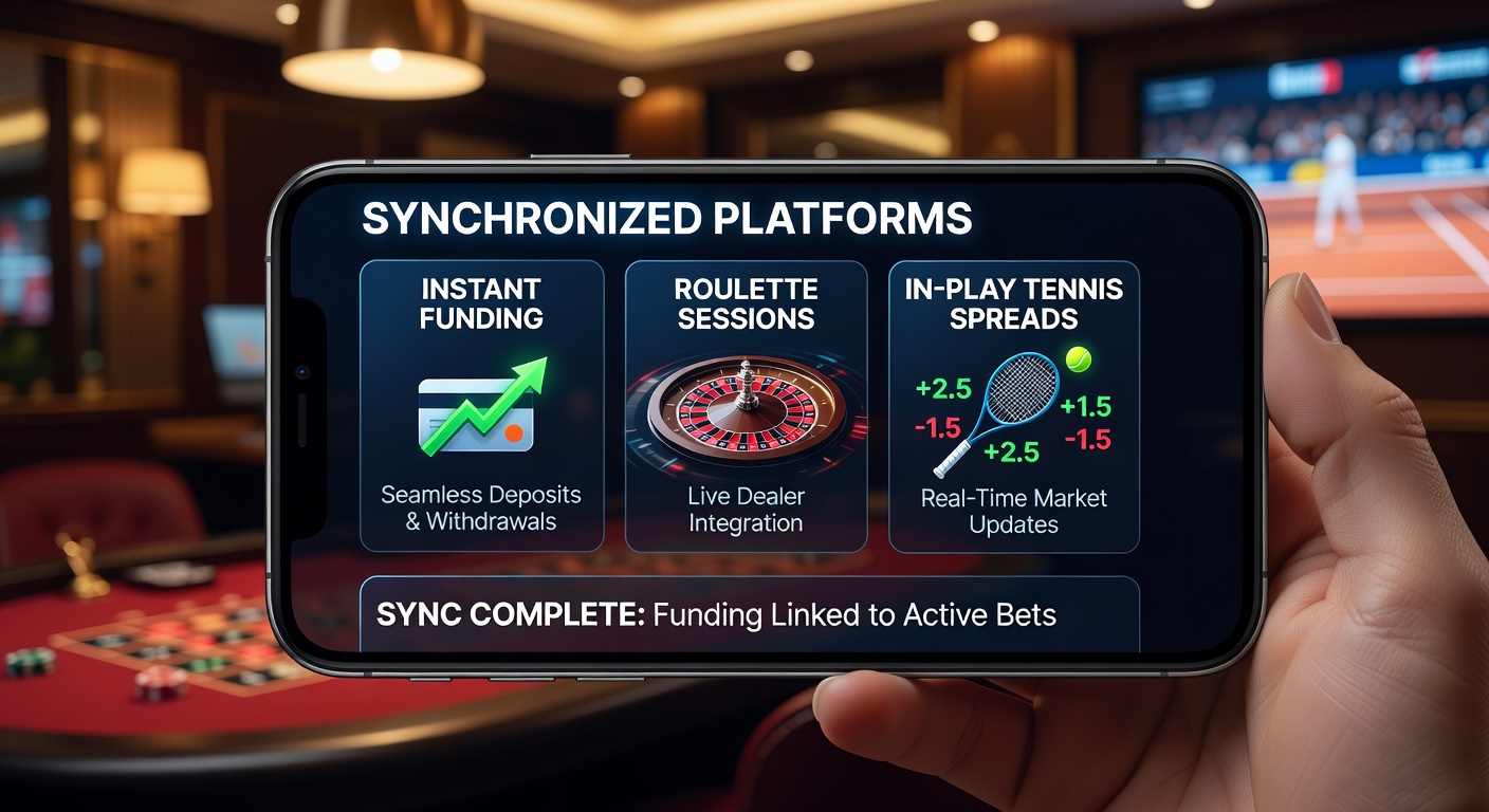 Smartphone-Oberfläche zeigt synchronisierte Instant-Funding-Optionen mit Roulette-Sitzungen und Live-Tennis-Spreads